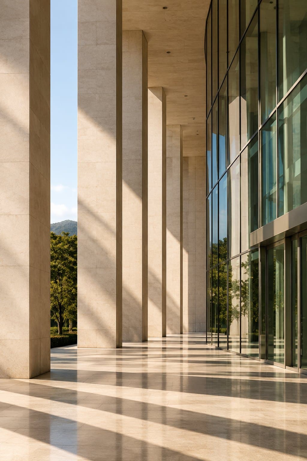 Columnas de piedra y fachada de cristal con luz de mañana