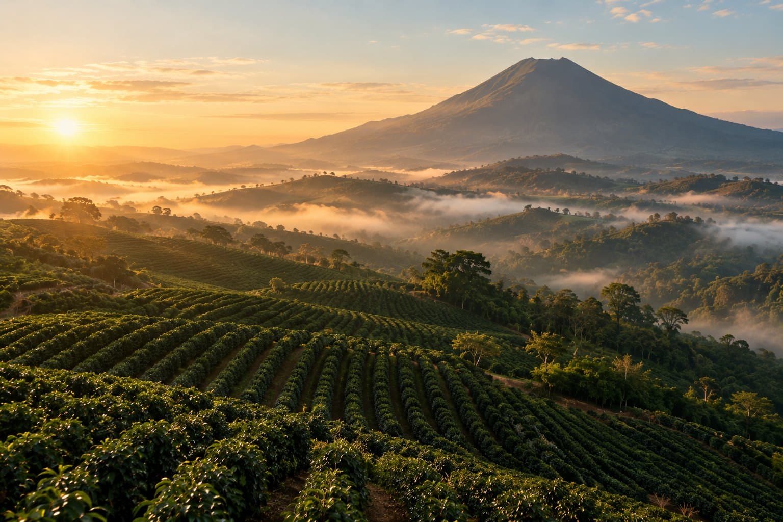 Volcán y laderas de El Salvador al amanecer
